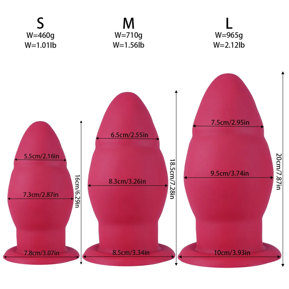 Medidas do plug anal gigante Red Titan: P 16 cm x 7,3 cm, M 18,5 cm x 8,3 cm, G 20 cm x 9,5 cm