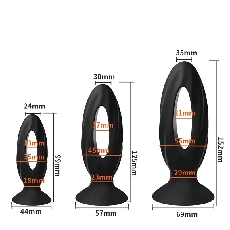 Medidas do plug anal vazado Void: P 9,9 x 3,5 cm, M 12,5 x 4,5 cm, G 15,2 x 5,5 cm
