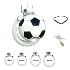 Gaiola de castidade em formato de bola de futebol com 4 anéis de 44 a 58 mm, cadeado e chaves
