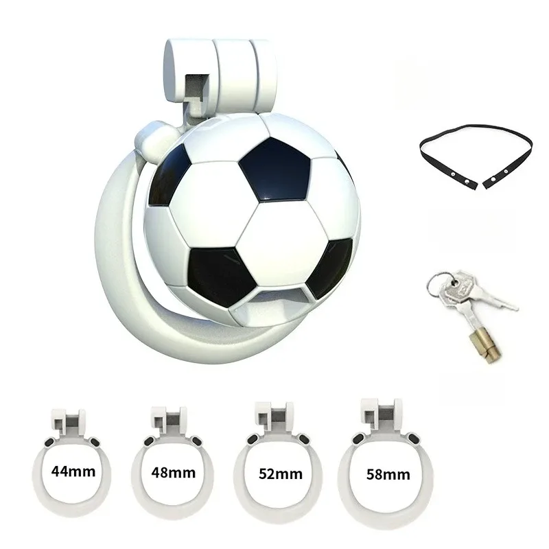 Gaiola de castidade em formato de bola de futebol com 4 anéis de 44 a 58 mm, cadeado e chaves