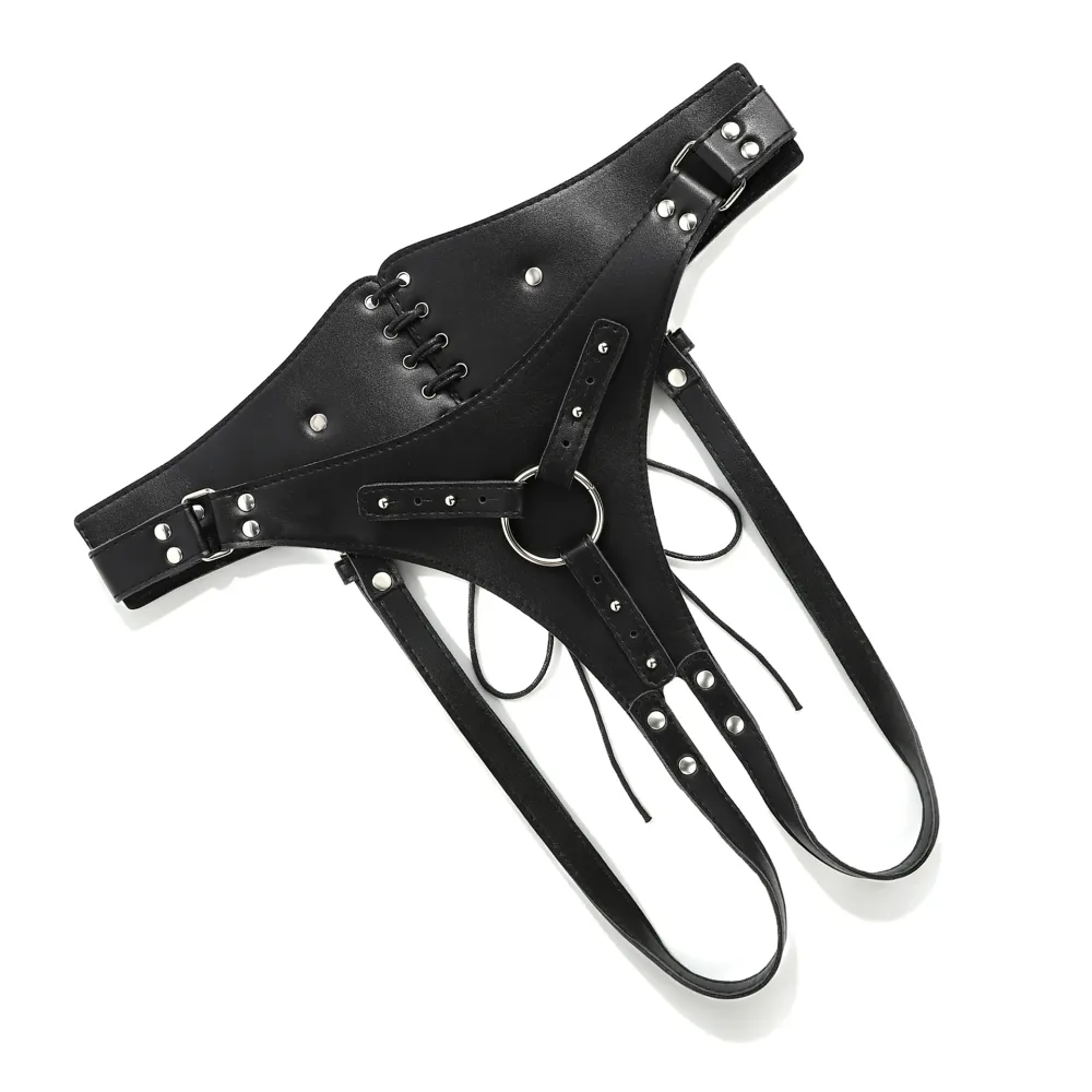 Strap on harness corset de lado mostrando as tiras de perna