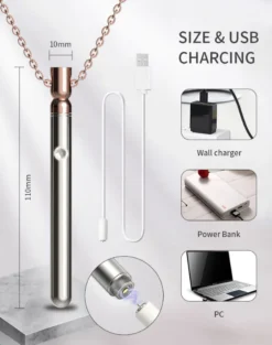 Medidas de 110 mm por 10 mm e cabo magnético USB que carrega em tomada, power bank ou computador